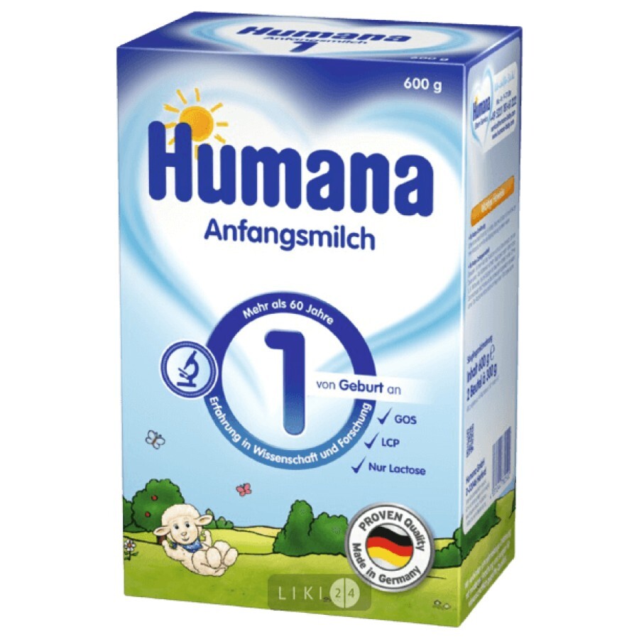 Сухая молочная смесь Humana 1 с пребиотиками галактоолигосахаридами, 0-6 месяцев, 600 г: цены и характеристики