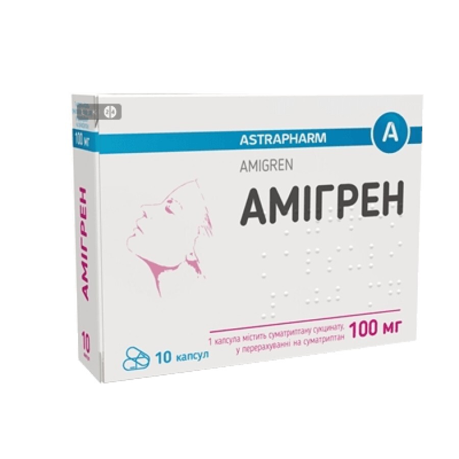 Амігрен капс. 100 мг блістер, у коробці №10: ціни та характеристики