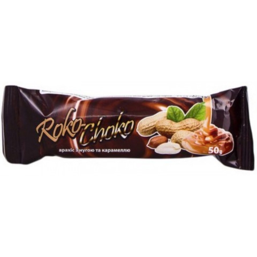 Батончик Roko-choko з арахісом, нугою та карамеллю глазурований шоколадною глазур'ю, 50 г: ціни та характеристики