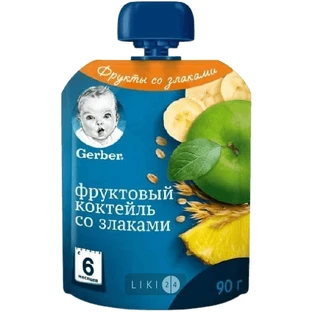 Пюре Gerber Pouch Фруктовий коктейль зі злаками, 90 г