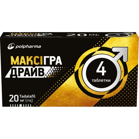 Максігра Драйв 20 мг, таблетки, вкриті плівковою оболонкою, №4: ціни та характеристики