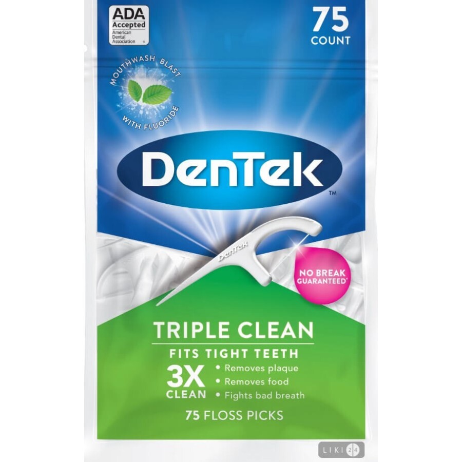 Зубна нитка Dentek Потрійне очищення флос-зубочистка м'ята, №75: ціни та характеристики