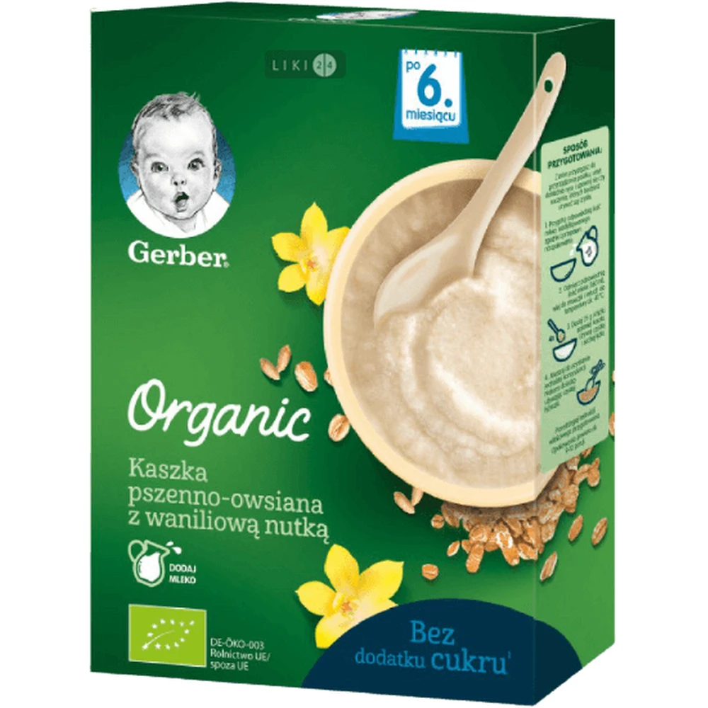 Детская каша Gerber Organic Пшенично-овсяная с ванильным вкусом безмолочная с 6 месяцев, 240 г: цены и характеристики