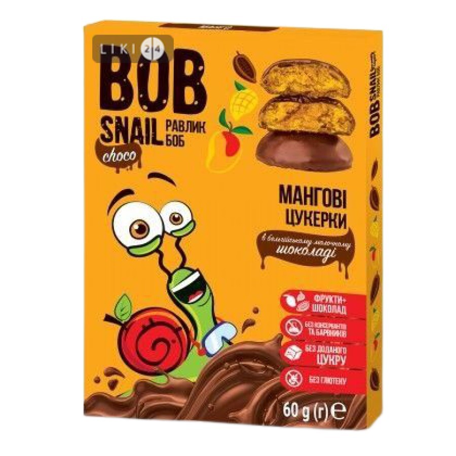 Цукерки Bob Snail Choko Манго в бельгійському молочному шоколаді, 60 г: ціни та характеристики