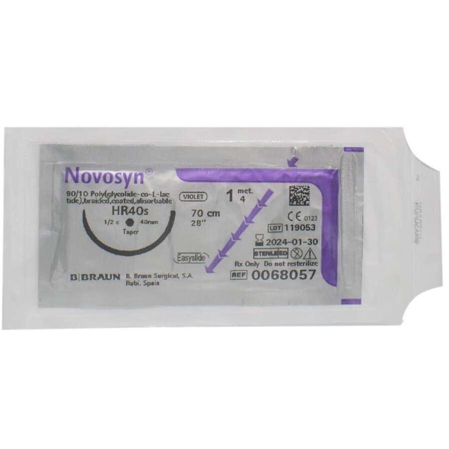 Шовный материал хирургический Novosyn USP1 (4) длина 70 см, игла колющая усиленная 40 мм, 1/2, цвет фиолетовый DDP C0068057: цены и характеристики