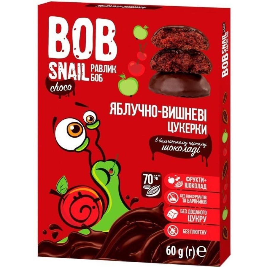 Цукерки Bob Snail Равлик Боб яблуко-вишня у бельгійському чорному шоколаді, 60 г: ціни та характеристики