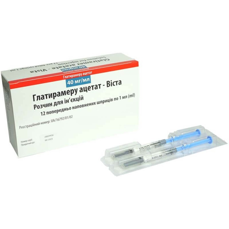 Глатирамеру ацетат-Віста 40 мг/мл розчин для ін`єкцій 1 мл у попередньо наповненому шприці, №12: ціни та характеристики