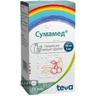 Сумамед пор. д/орал. сусп. 100 мг/5 мл фл. 20 мл, +калібр. шприц та ложечка