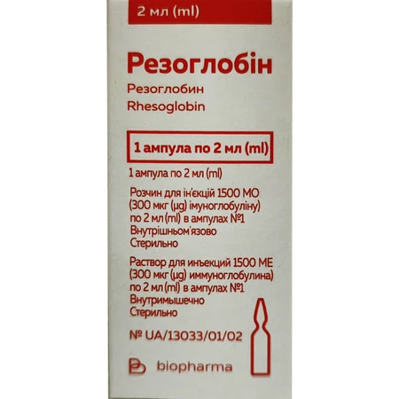 Резоглобін розчин для ін'єкцій 1500 МО (300 мкг іммуноглобуліна) в ампулі 2 мл 1 шт: ціни та характеристики