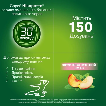 Нікоретте фруктово-м'ятний спрей д/ротов. порожн. дозов. 1 мг/доза фл. 15 мл, 150 доз: ціни та характеристики