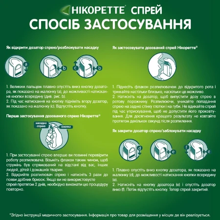 Нікоретте фруктово-м'ятний спрей д/ротов. порожн. дозов. 1 мг/доза фл. 15 мл, 150 доз: ціни та характеристики
