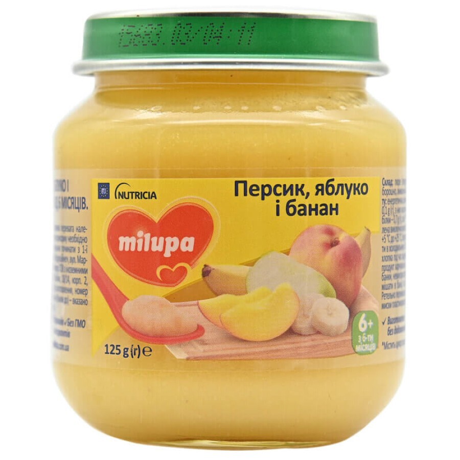 Пюре дитяче фруктове "персик, яблуко і банан" milupa 125 г, с 6 месяцев: ціни та характеристики