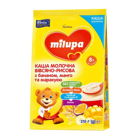 Каша молочна Нутриція Milupa Вівсяно-рисова з бананом, манго та маракуєю для дітей з 8 місяців 210 г : ціни та характеристики