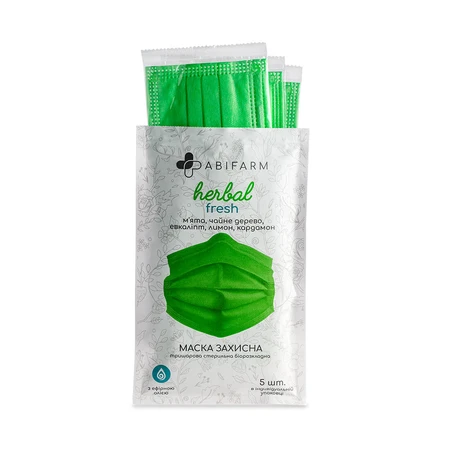 Маски захисні Abifarm Herbal Fresh ароматичні, з ефірними оліями, 3-шарові, стерильні, 5 шт: ціни та характеристики