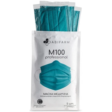 Маска медицинская Abifarm Professional M100, стерильная, с индикатором влажности, 4-слойная, биоразлагаемая, 1 шт.: цены и характеристики