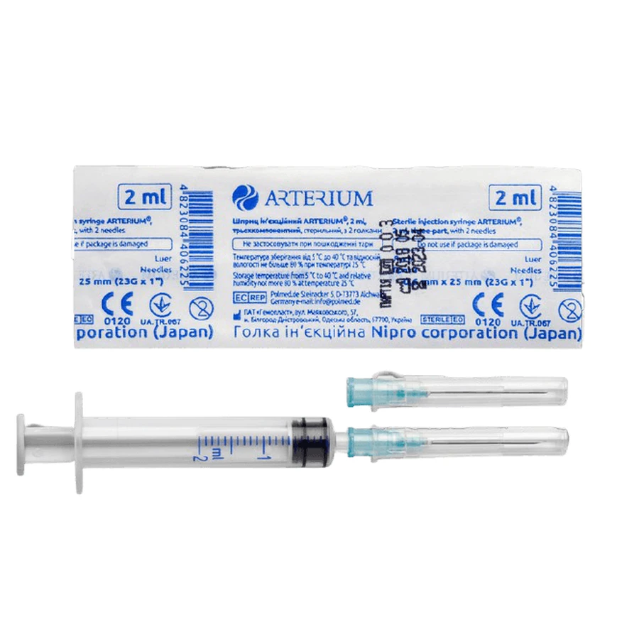 Шприц Arterium трехкомпонентный стерильный с 2 иглами 0,6 mm x 25 mm (23G x 1 ), 2 мл: цены и характеристики