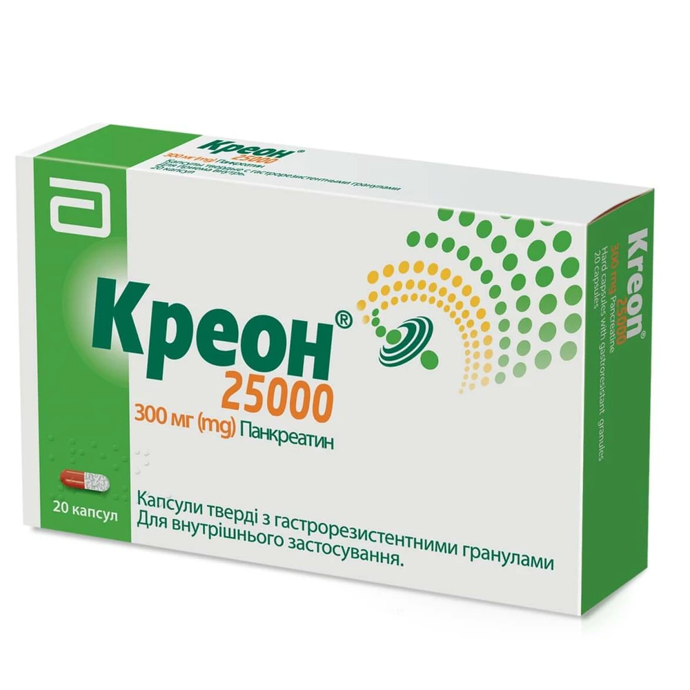 Креон 25 000 капс. тв. с гастрорезист. гран 300 мг блистер в коробке №20: цены и характеристики
