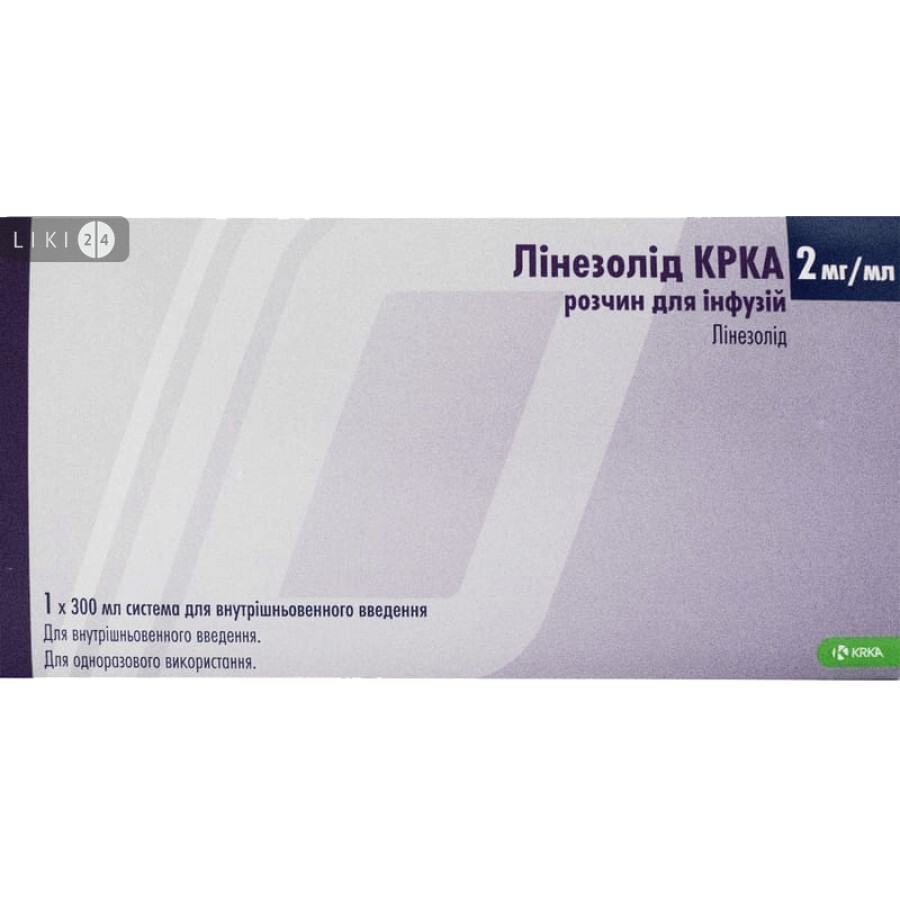 Лінезолід krka р-н д/інф. 2 мг/мл с-ма для в/в введ. 300 мл, пакет з фольги алюм.