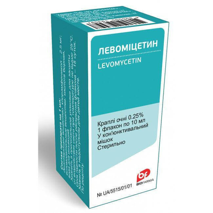 Левоміцетин крап. оч. 0,25 % фл. з кришкою-крапельницею 10 мл, в пачці: ціни та характеристики