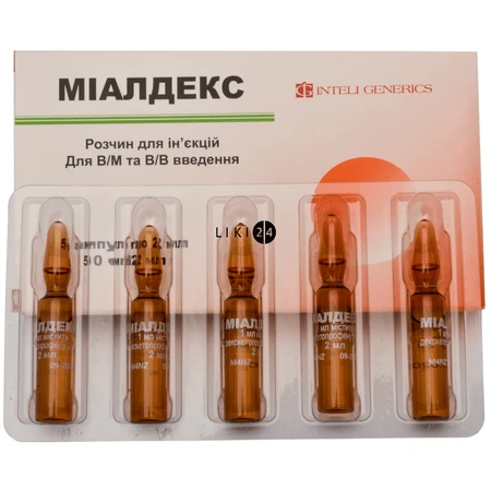 Міалдекс р-н д/ін. 25 мг/мл амп. 2 мл №5: ціни та характеристики