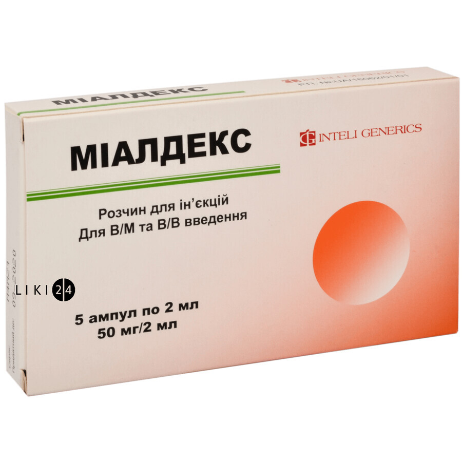 Міалдекс р-н д/ін. 25 мг/мл амп. 2 мл №5: ціни та характеристики