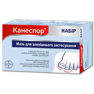Канеспор набор мазь д/зовн. застос. туба з дозатором 10 г, +15 смужок в/плас.+1 шкребок