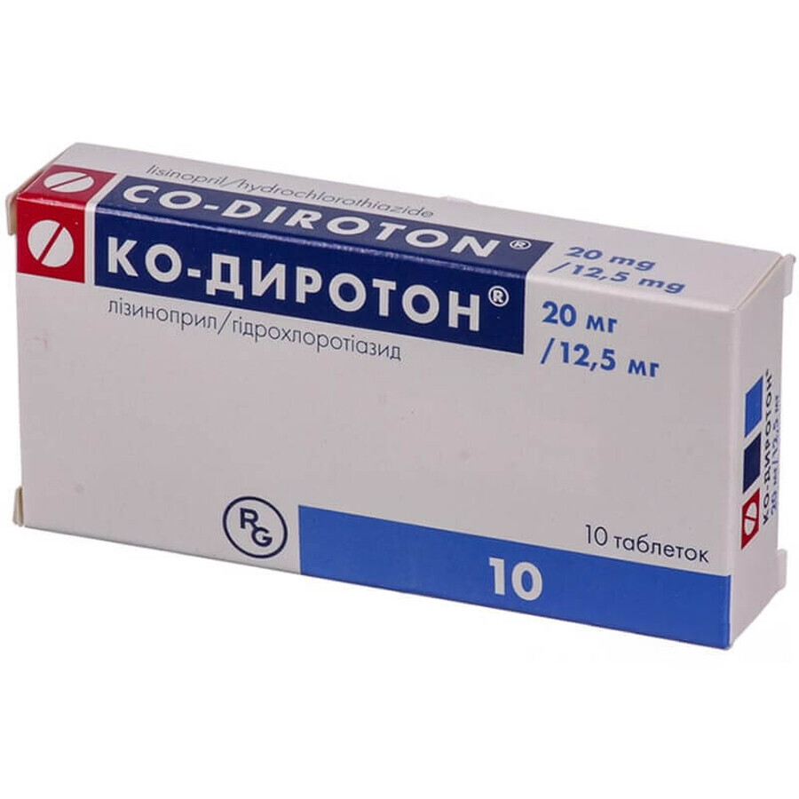 Ко-диротон табл. 20 мг + 12,5 мг №10: цены и характеристики