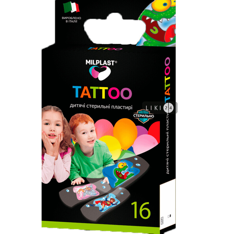 Набір пластирів бактерицидних Milplast Tattoo на полімерній основі дитячі, 16 шт: ціни та характеристики