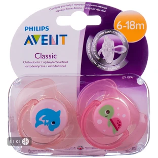 Пустышка Philips Avent Classic Дельфин+Черепашка силиконовая ортодонтическая 6-18 мес 2 шт SCF169/38