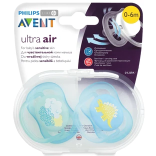Пустышка силиконовая Philips Avent Ultra Air ортодонтическая с декором для мальчиков 0-6 мес 2 шт SCF343/21