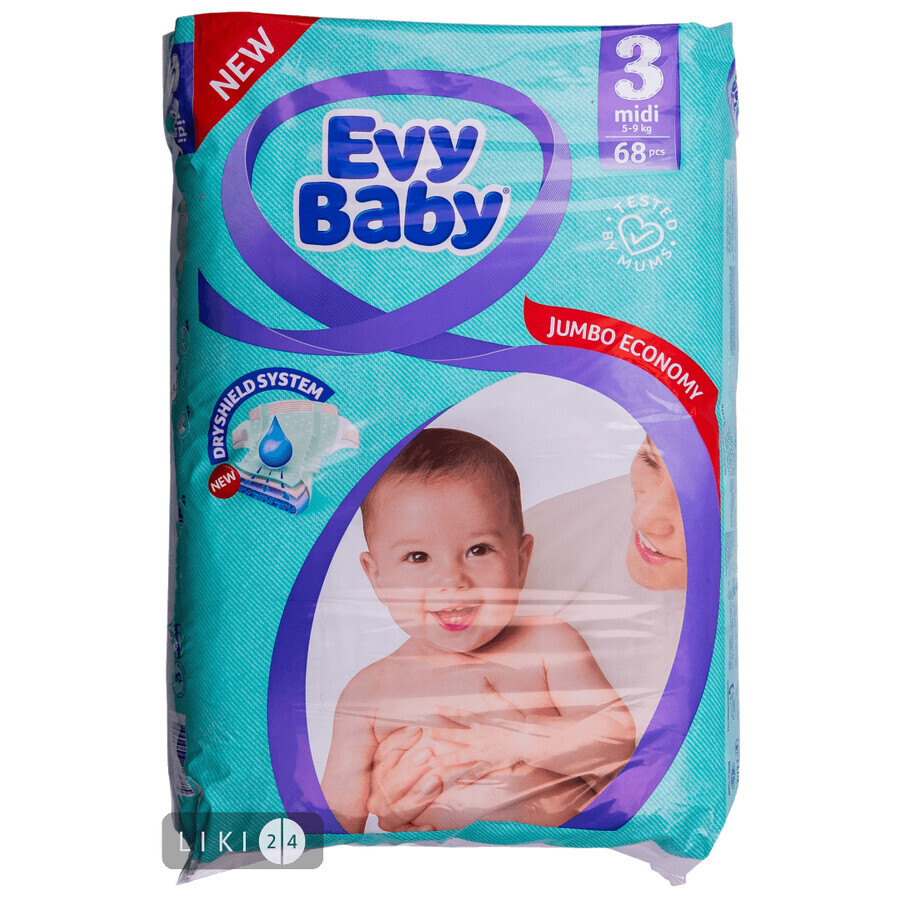 Підгузки дитячі Evy Baby Midi Jumbo 3 (5-9 кг) 68 шт: ціни та характеристики