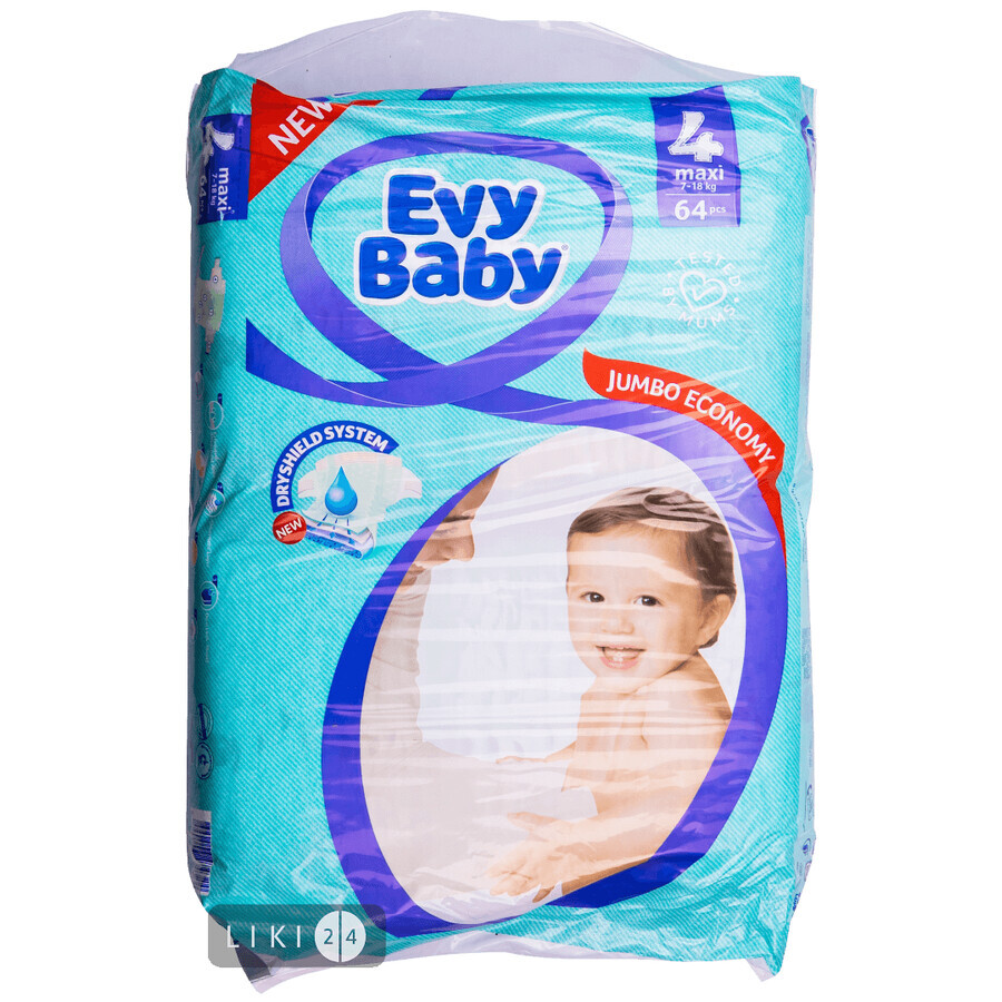Підгузки дитячі Evy Baby Maxi Jumbo 4 (7-18 кг) 64 шт: ціни та характеристики