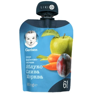 Фруктово-овочеве пюре Gerber Яблуко, слива та морква з 6 місяців Пастеризоване 90 г