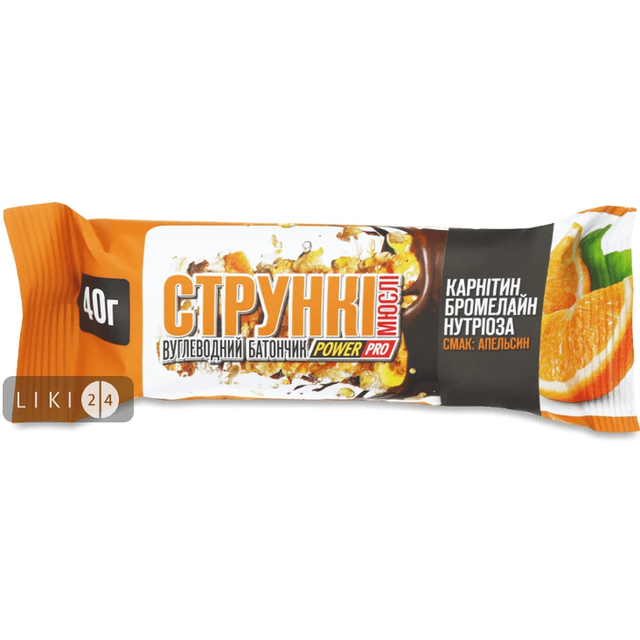 Батончик вуглеводний Power Pro Стрункі мюслі зі смаком апельсину 40 г: ціни та характеристики