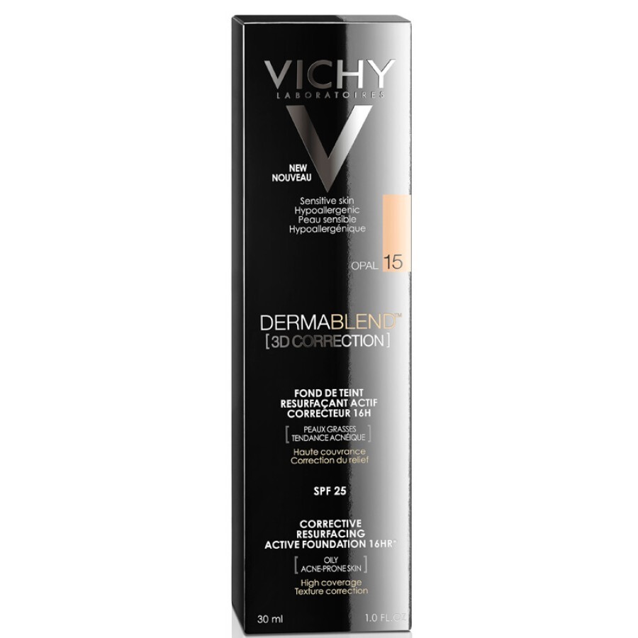 Тональний крем Vichy Dermablend 3D матуючий, вирівнюючий поверхню шкіри, тон 15, SPF 25, 30 мл: ціни та характеристики