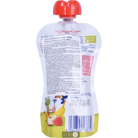 Органическое фруктовое пюре HiPP HiPPiS Pouch Яблоко-клубника-банан, 100 г: цены и характеристики