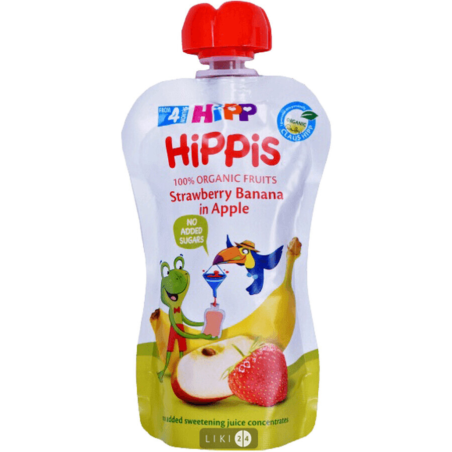 Органічне фруктове пюре HiPP HiPPiS Pouch Яблуко-полуниця-банан, 100 г: ціни та характеристики