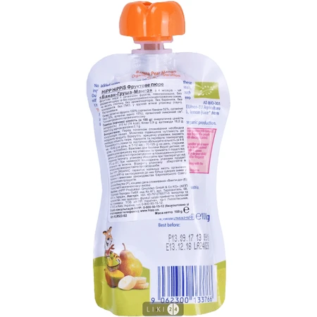 Органическое фруктовое пюре HIPP HiPPiS Pouch Банан-Груша-Манго, 100 г: цены и характеристики