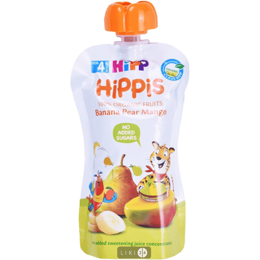 Органічне фруктове пюре HIPP HiPPiS Pouch Банан-Груша-Манго, 100 г: ціни та характеристики