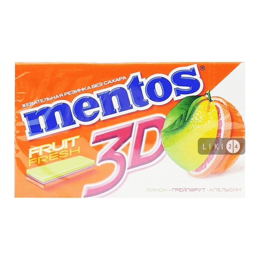 Жувальна гумка Mentos 3D Лимон-грейпфрут-апельсин 33г (15х12): цены и характеристики