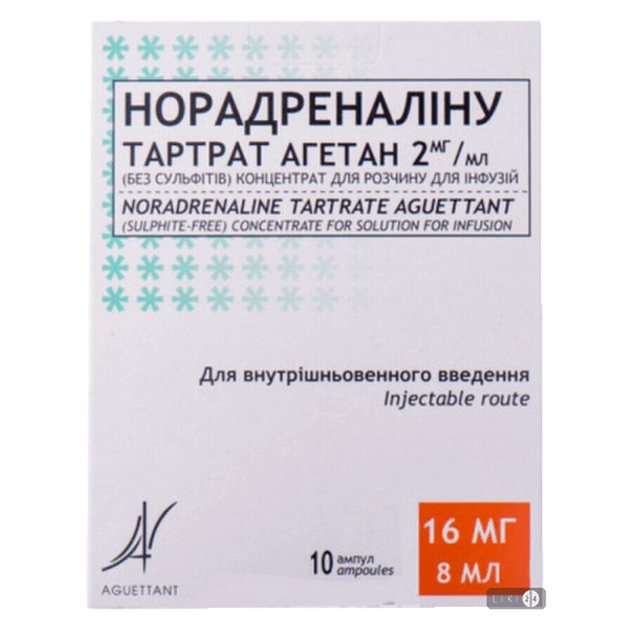 Норадреналіну тартрат агетан 2 мг/мл (без сульфітів) конц. д/р-ну д/інф. 2 мг/мл амп. 8 мл, у блістерах №10: ціни та характеристики