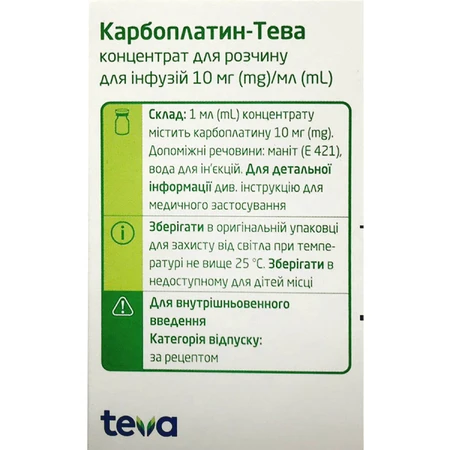 Карбоплатин-тева конц. д/р-ну д/інф. 10 мг/мл фл. 45 мл: ціни та характеристики