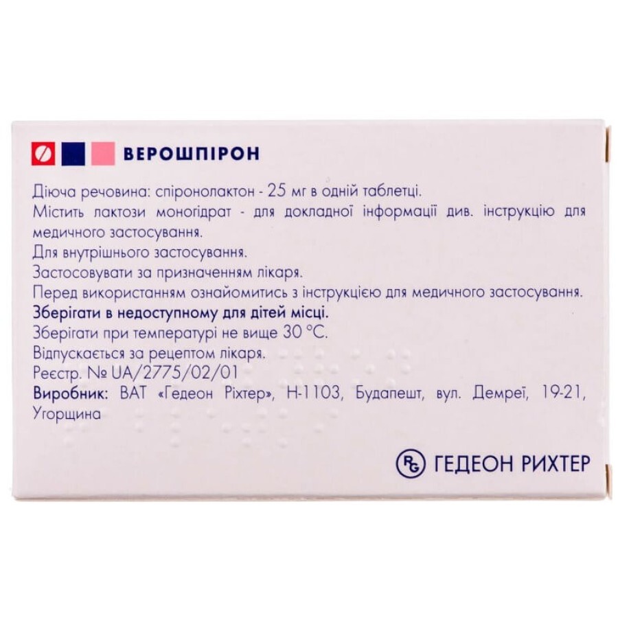 Верошпирон табл. 25 мг №20: цены и характеристики