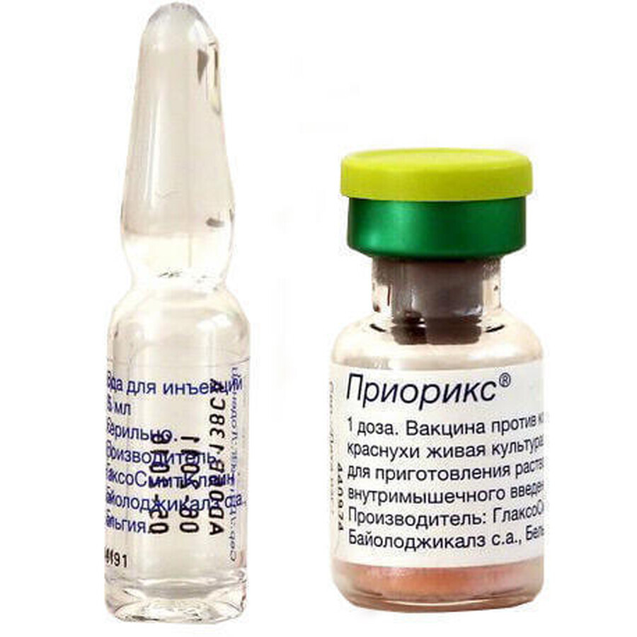 Вакцина Приорикс лиофил. д/р-ра д/ин. 1 доза фл. монодоз., с раств. в шприце, + 2 иглы: цены и характеристики
