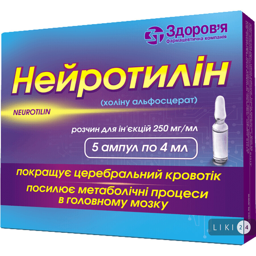 Нейротилін р-н д/ін. 250 мг/мл амп. 4 мл, у блістері в коробці №5: ціни та характеристики