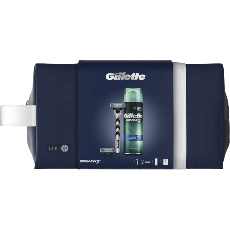 Подарунковий набір Gillette Mach3 Бритва з 2 змінними касетами + Гель для гоління Екстракомфорт 200 мл + Косметичка: ціни та характеристики