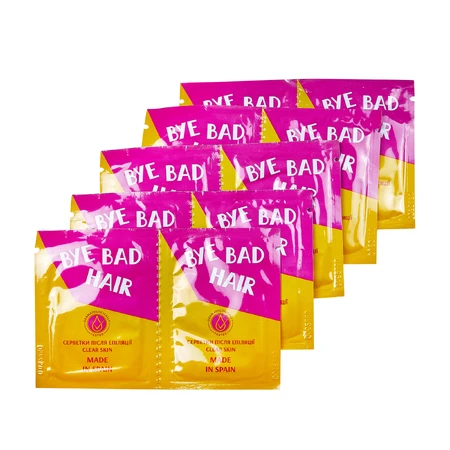 Серветки Bye Bad Hair пiсля депiляцii для очищення залишкiв воску Clear Skin 10шт: ціни та характеристики