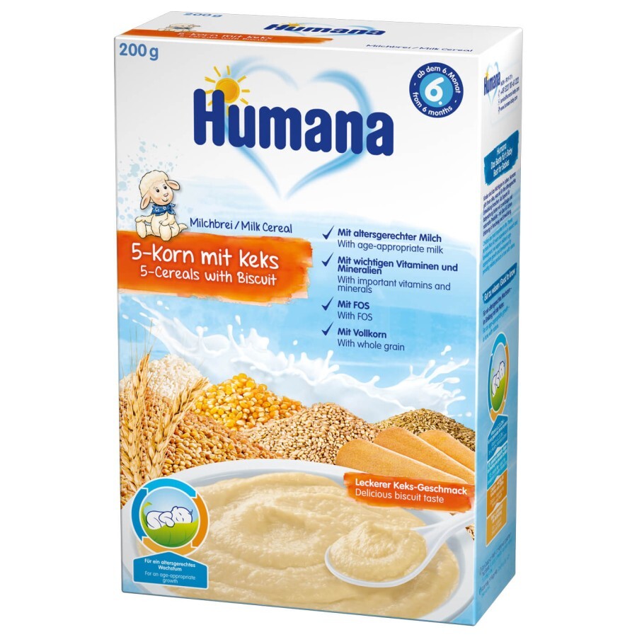 Молочна каша Humana 5 злаків з печивом, з 6 місяців, 200 г: ціни та характеристики