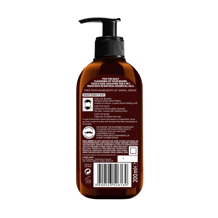 Шампунь L'Oreal Paris Men Expert Barber Club для бороды и лица 3 в 1 200 мл: цены и характеристики