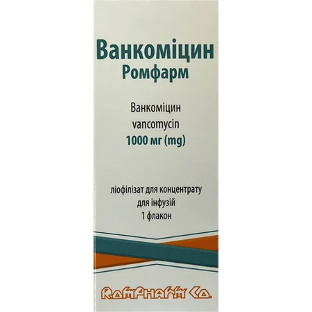 Ванкоміцин Ромфарм ліофілізат для концентрату для інфузій по 1000 мг в флаконі 1 шт.: ціни та характеристики